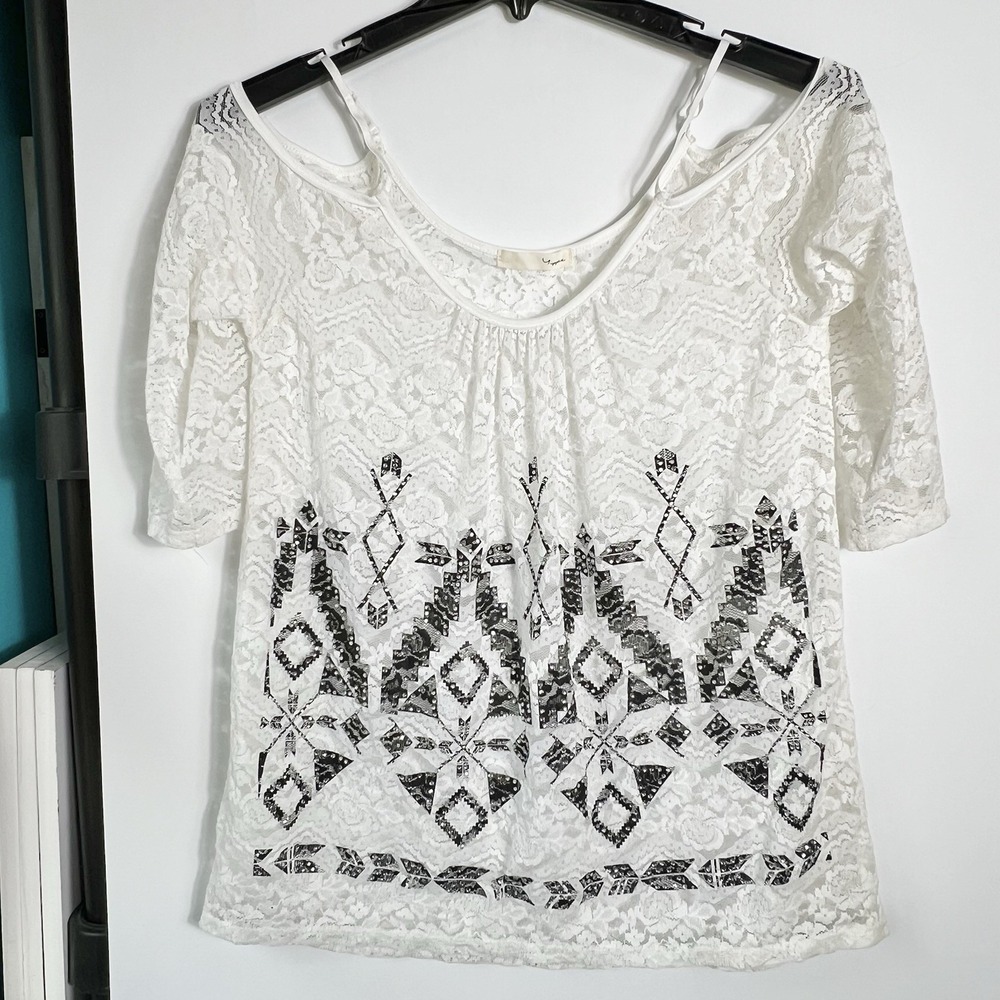 Yippee Womens S White Lace Boho Top Adjustable Straps Cold Shoulder‎ Sheer Bling